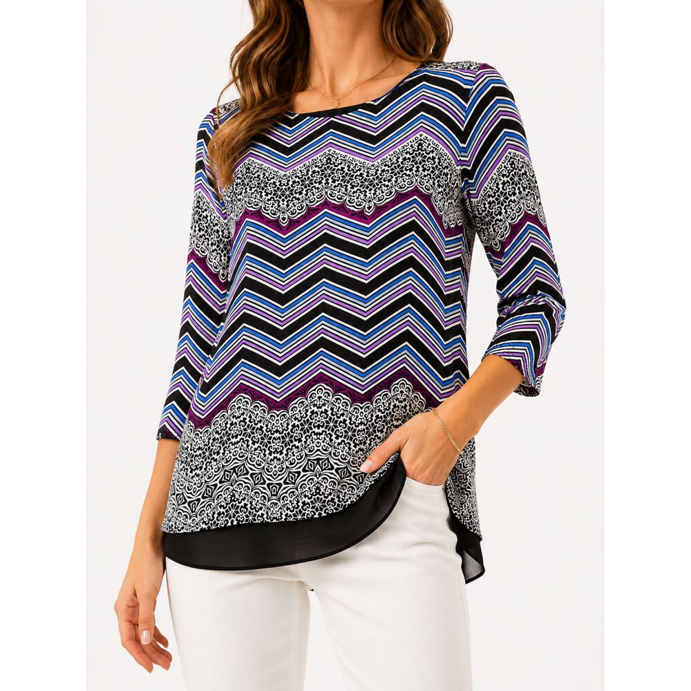 Dana Buchman Chevron Print Blouse S Sheer Back Black Blue Purple Boho Career Top